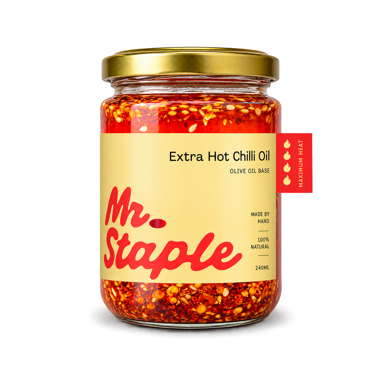 Mr Staples Olive Oil Crispy Chilli (Extra Hot) 240ml glass jar with gold lid, extra hot chilli oil