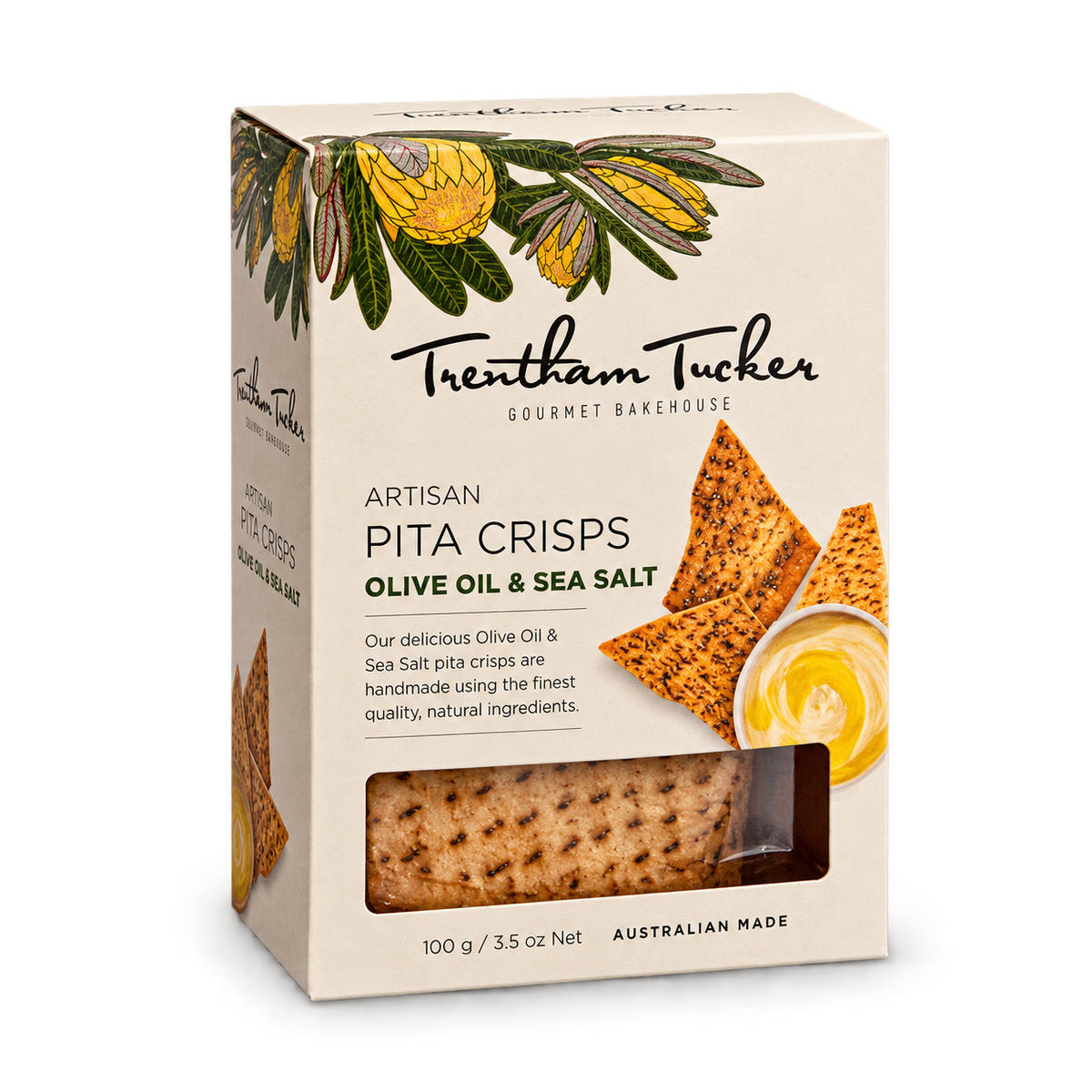 Trentham Tucker Pita Crisps Olive Oil & Sea Salt 100g box, Australian made artisan pita crisps