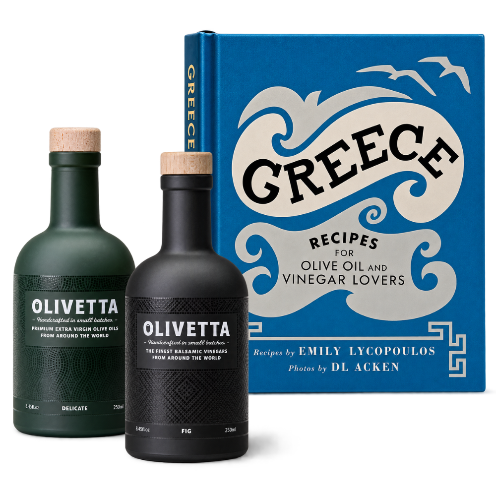 Greek Kitchen gift set with Greek recipe book, Olivetta Delicate Extra Virgin Olive Oil 250ml and Fig Flavoured Black Balsamic Vinegar 250ml