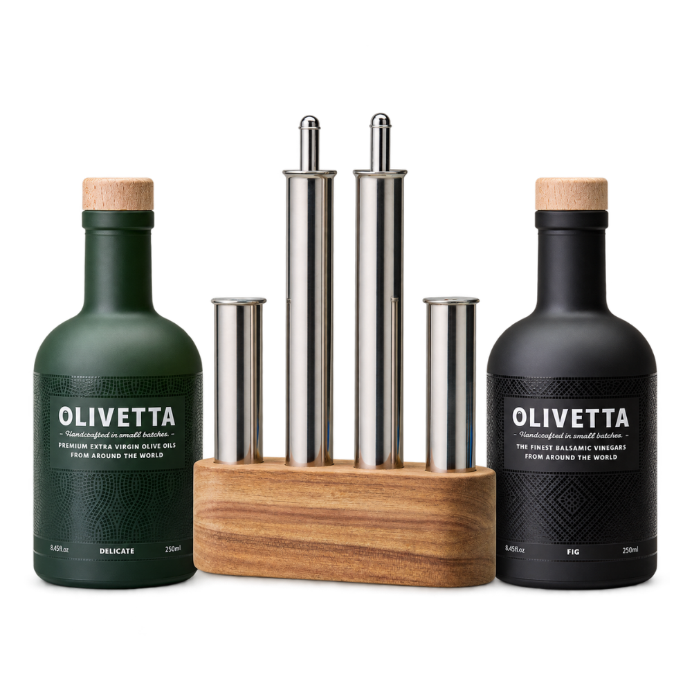 Olipac Filare oil, vinegar, salt and pepper 4-piece set with Olivetta Delicate Extra Virgin Olive Oil and Fig Black Balsamic Vinegar gift set.