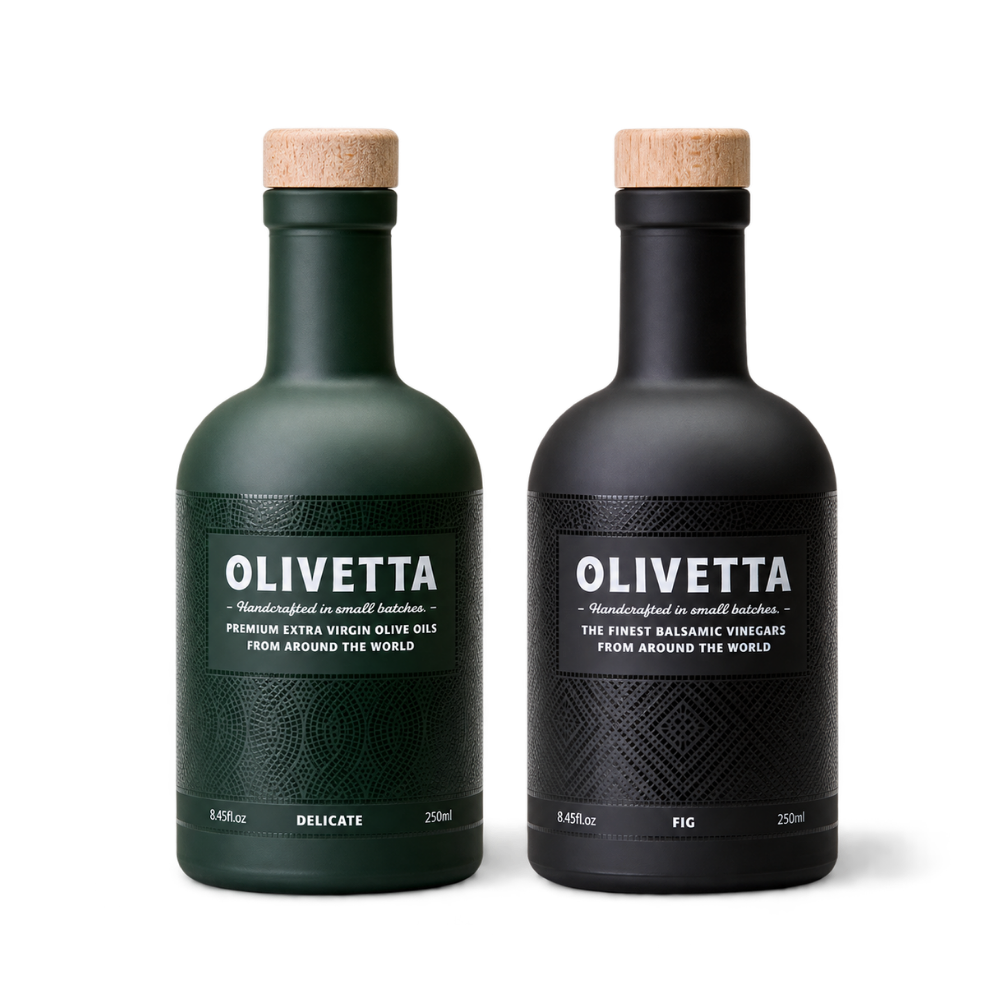 Olivetta Delicate Extra Virgin Olive Oil and Fig Black Balsamic Vinegar 250ml bottles, premium olive oil and balsamic vinegar gift set.