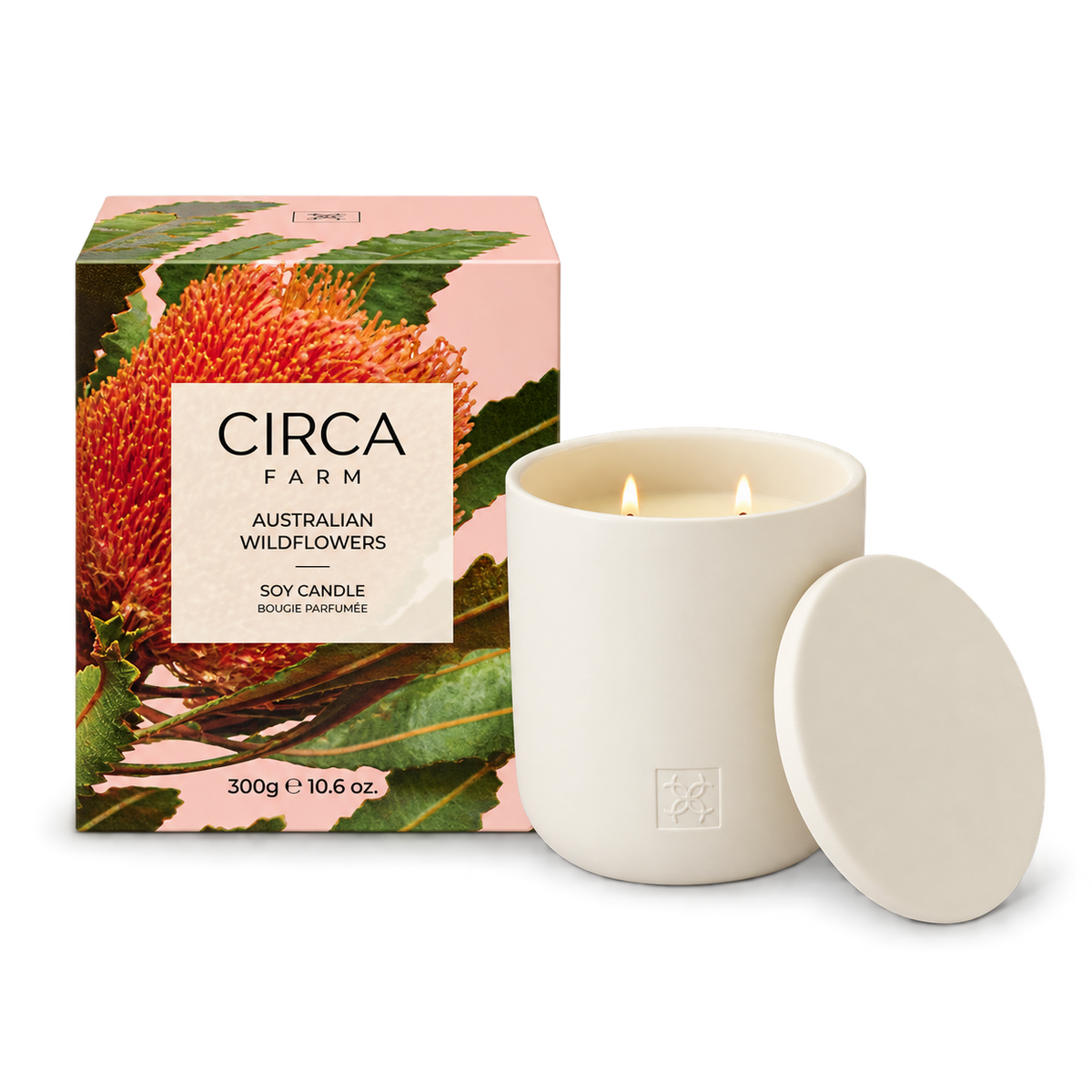 CIRCA Soy Candle Australian Wildflowers 300g in a cream ceramic vessel with lid beside native flower print gift box
