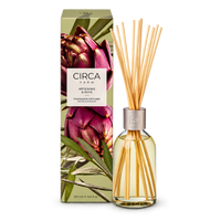 CIRCA Fragrance Diffuser Artichoke and Olive 250ml, glass reed diffuser bottle with reeds beside artichoke print box