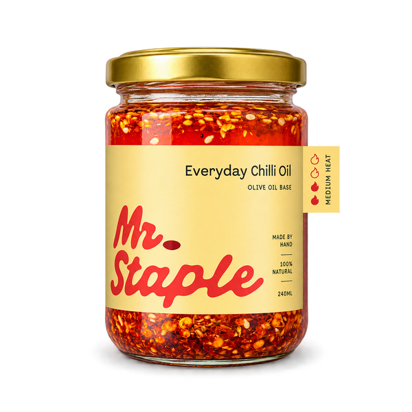 Mr Staples Olive Oil Crispy Chilli (Everyday) 240ml glass jar with gold lid, medium heat chilli oil