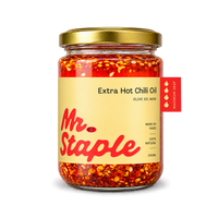 Mr Staples Olive Oil Crispy Chilli (Extra Hot) 240ml glass jar with gold lid, extra hot chilli oil