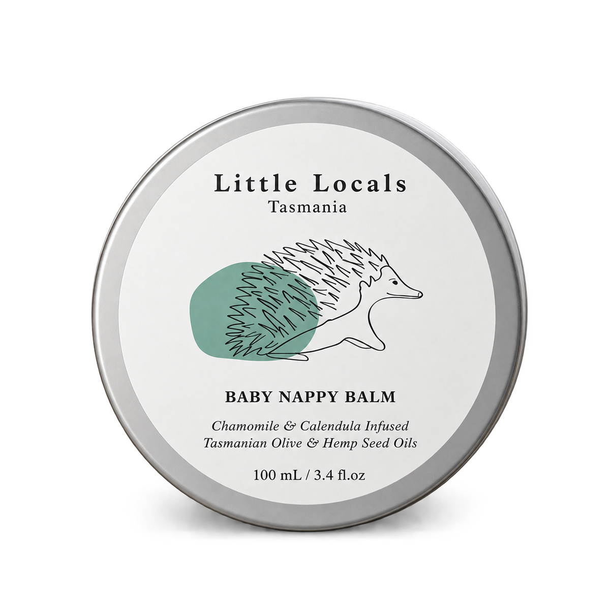 Milie Organics Little Locals Soothing Baby Nappy Balm 100ml in a round silver tin with echidna illustration