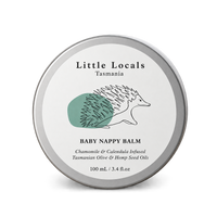 Milie Organics Little Locals Soothing Baby Nappy Balm 100ml in a round silver tin with echidna illustration