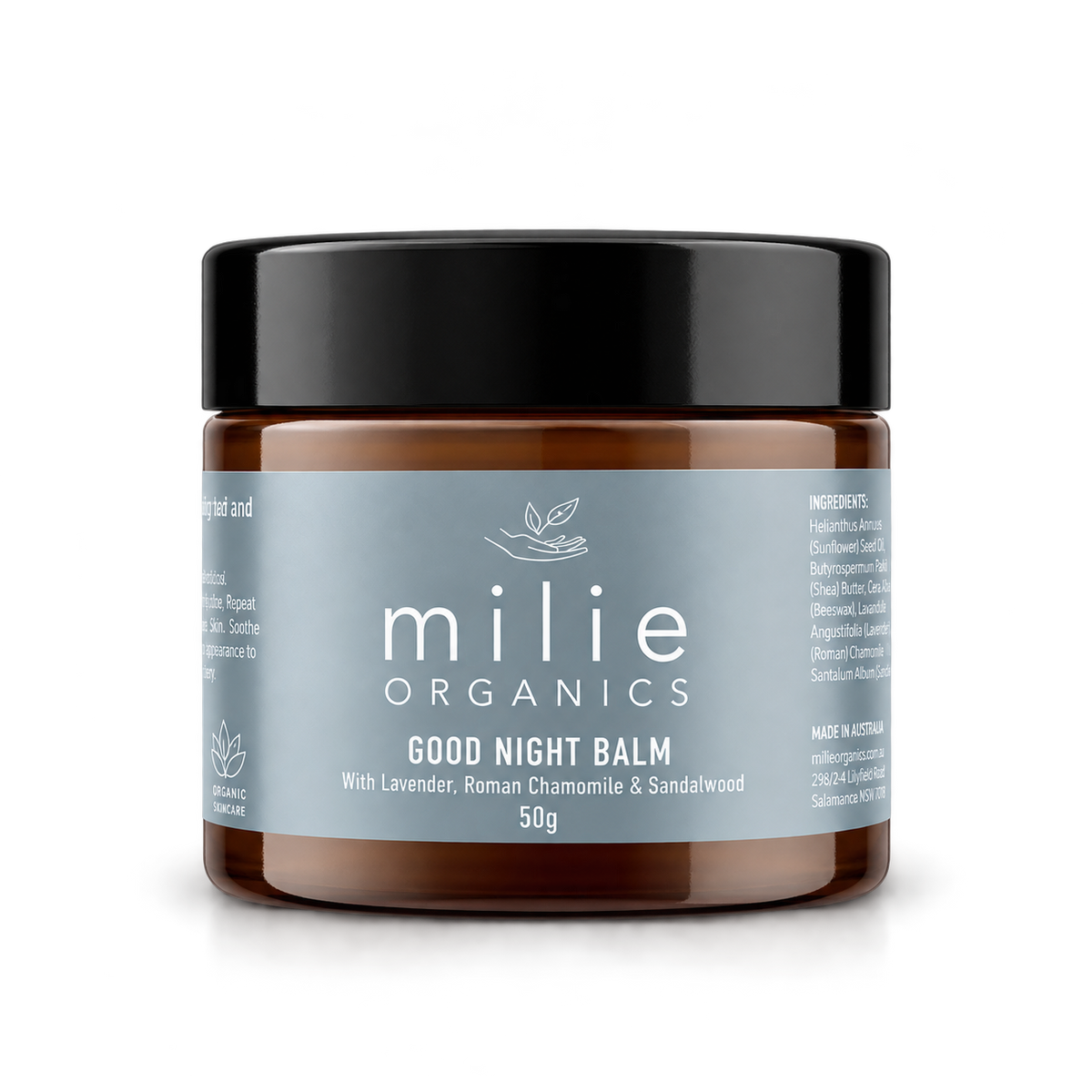 Milie Organics Good Night Balm 50g in a brown glass jar with black lid and blue label