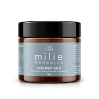 Milie Organics Good Night Balm 50g in a brown glass jar with black lid and blue label