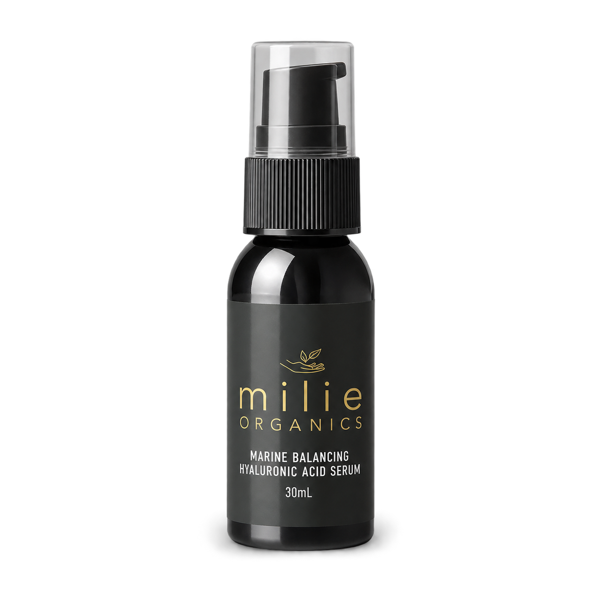 Milie Organics Marine Balancing Hyaluronic Acid Serum 30ml in a black glass pump bottle