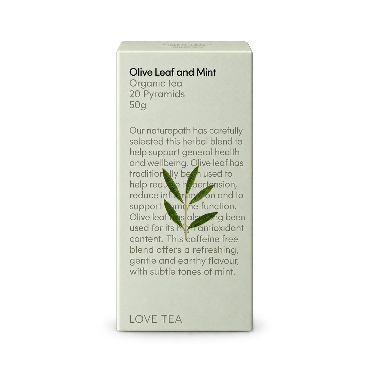 Love Tea Olive Leaf and Mint 20 bags 50g, organic herbal tea in a sage green box