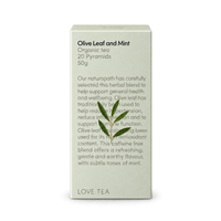 Love Tea Olive Leaf and Mint 20 bags 50g, organic herbal tea in a sage green box