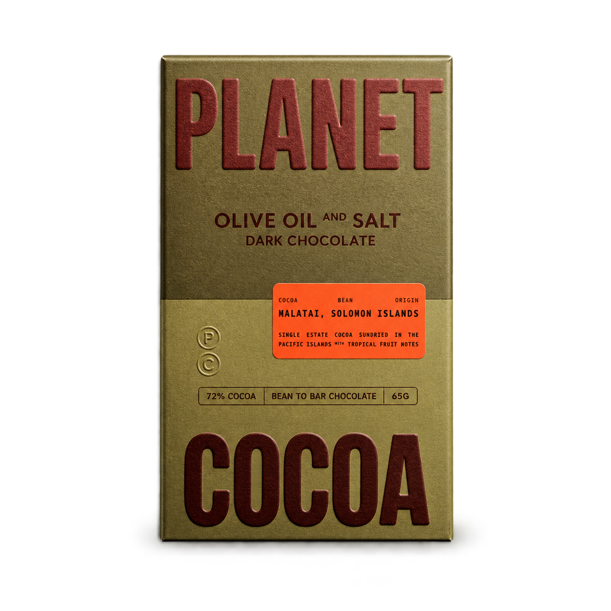 Planet Cocoa Olive Oil and Salt Dark Chocolate 65g bar in olive green packaging