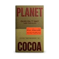 Planet Cocoa Olive Oil and Salt Dark Chocolate 65g bar in olive green packaging