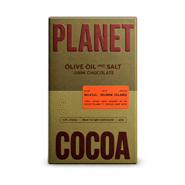 Planet Cocoa Olive Oil and Salt Dark Chocolate 65g bar in olive green packaging