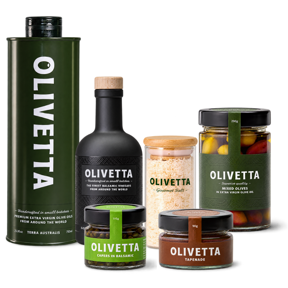 The Grand Table Olivetta gourmet gift set with 750ml Terra Australis Extra Virgin Olive Oil, balsamic vinegar, flavoured salt, tapenade, capers and mixed olives