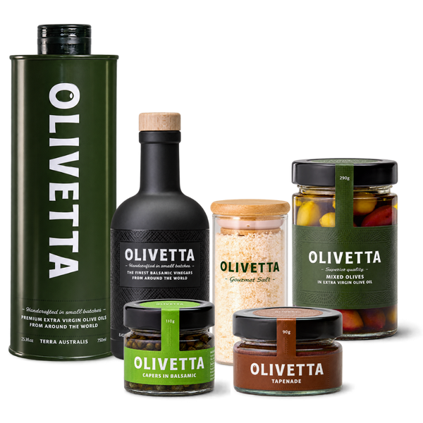 The Grand Table Olivetta gourmet gift set with 750ml Terra Australis Extra Virgin Olive Oil, balsamic vinegar, flavoured salt, tapenade, capers and mixed olives