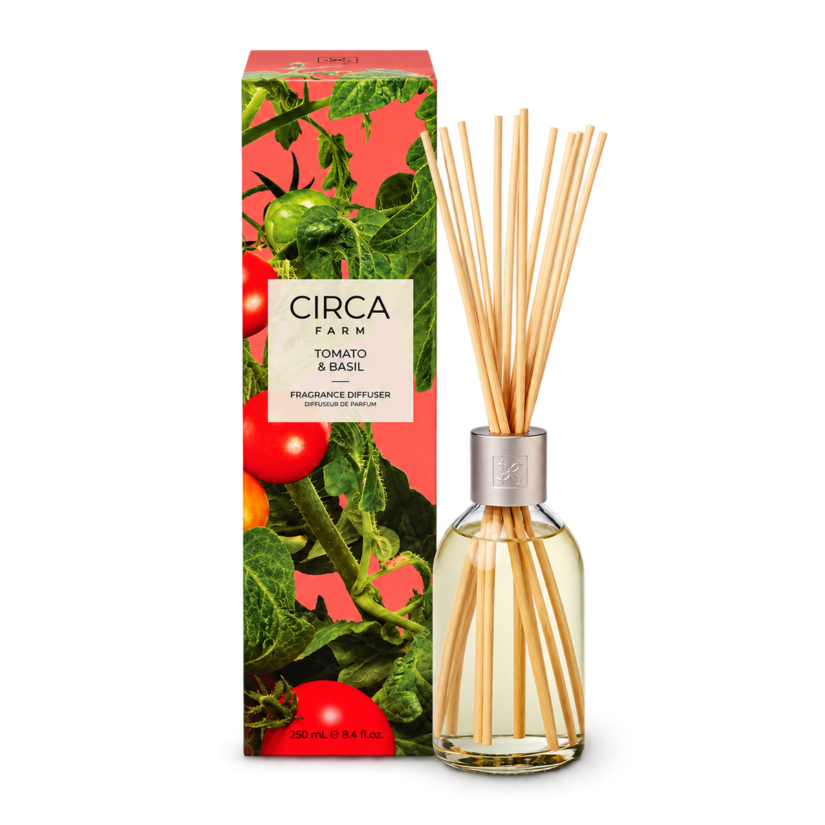 CIRCA Fragrance Diffuser Tomato and Basil 250ml, glass reed diffuser bottle with reeds beside red tomato print box