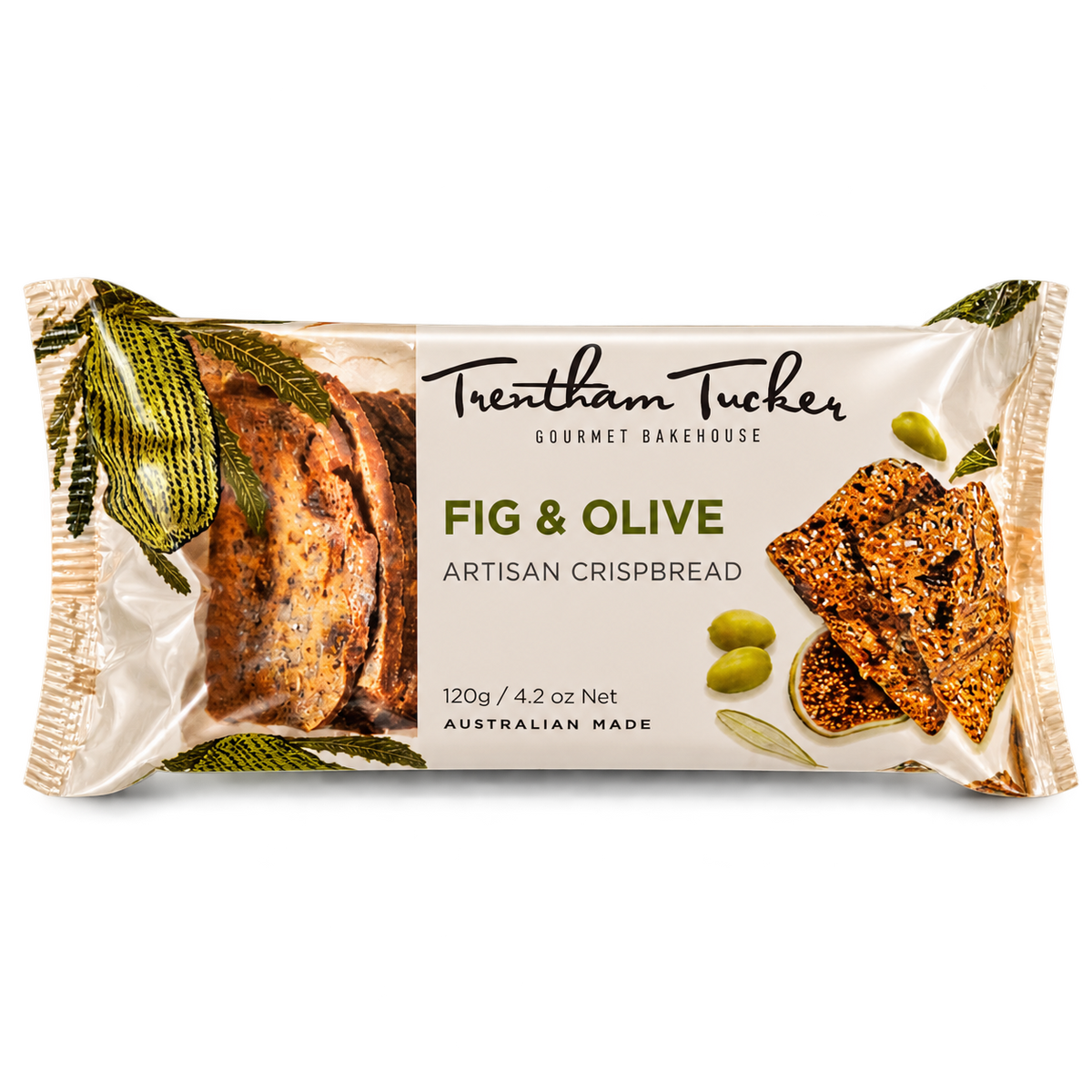 Trentham Tucker Fig & Olive Crispbread 120g pack, Australian made artisan crispbread