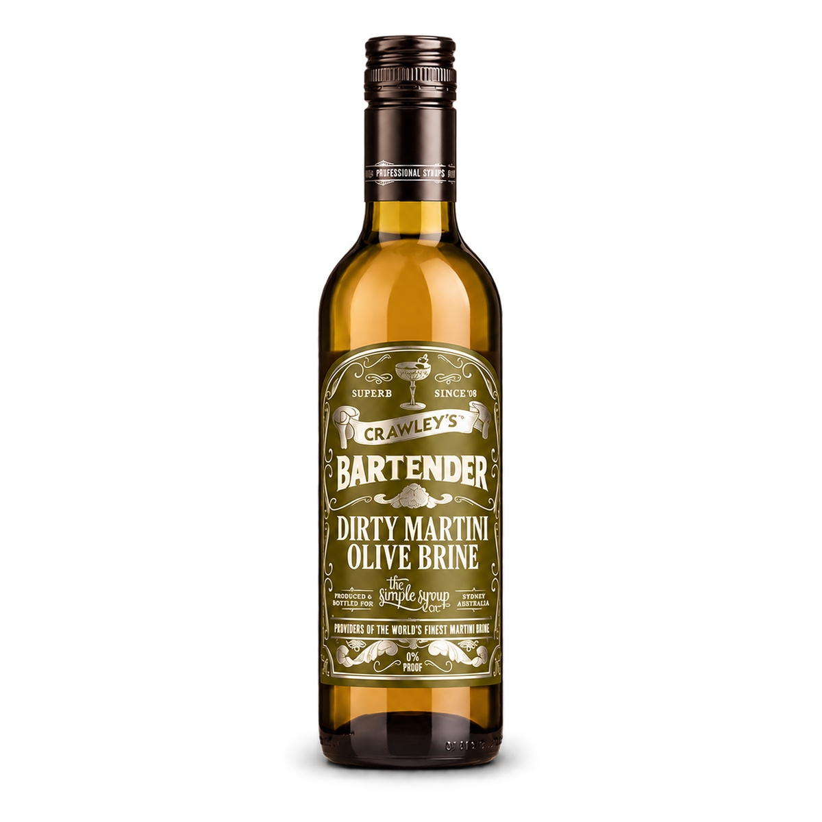 Crawleys Dirty Martini Olive Brine 375ml in a glass bottle with Bartender label