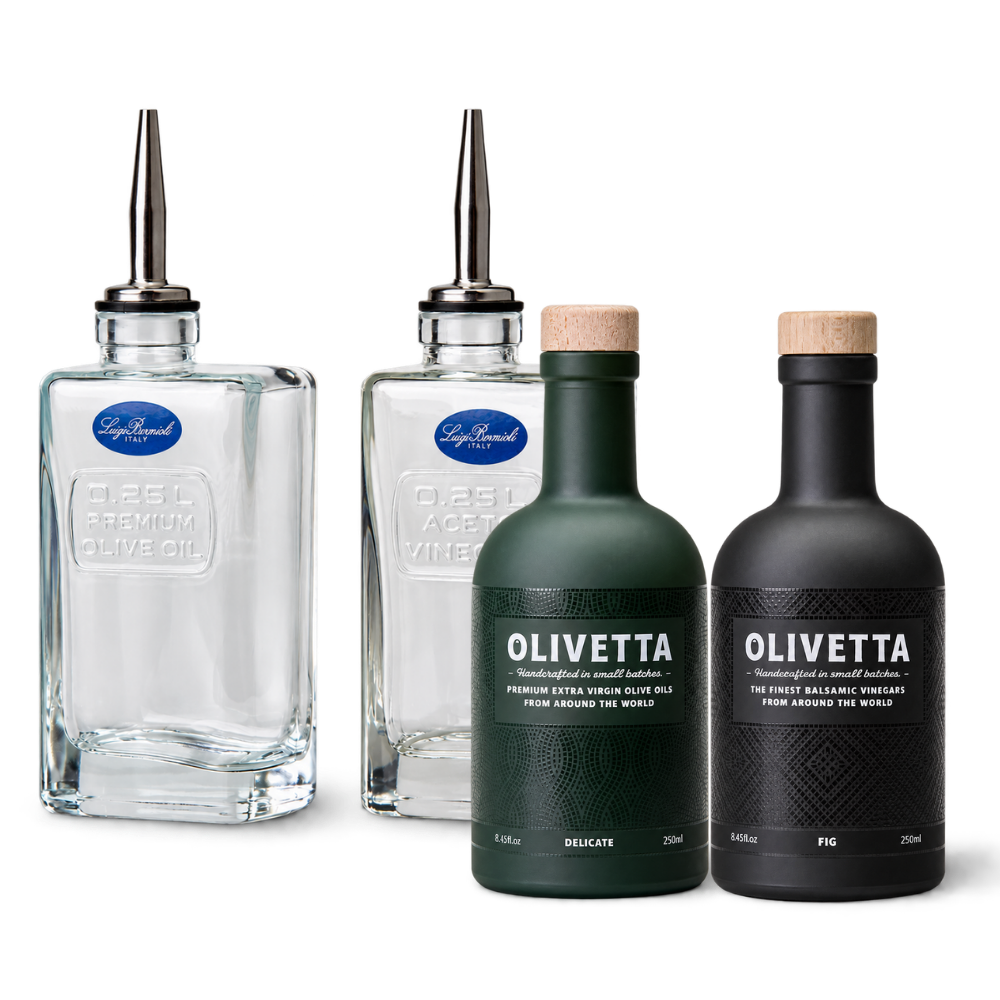 Luigi Bormioli Oil and Vinegar Pourer Set with Olivetta 250ml Delicate Extra Virgin Olive Oil and 250ml Fig Black Balsamic Vinegar gift set