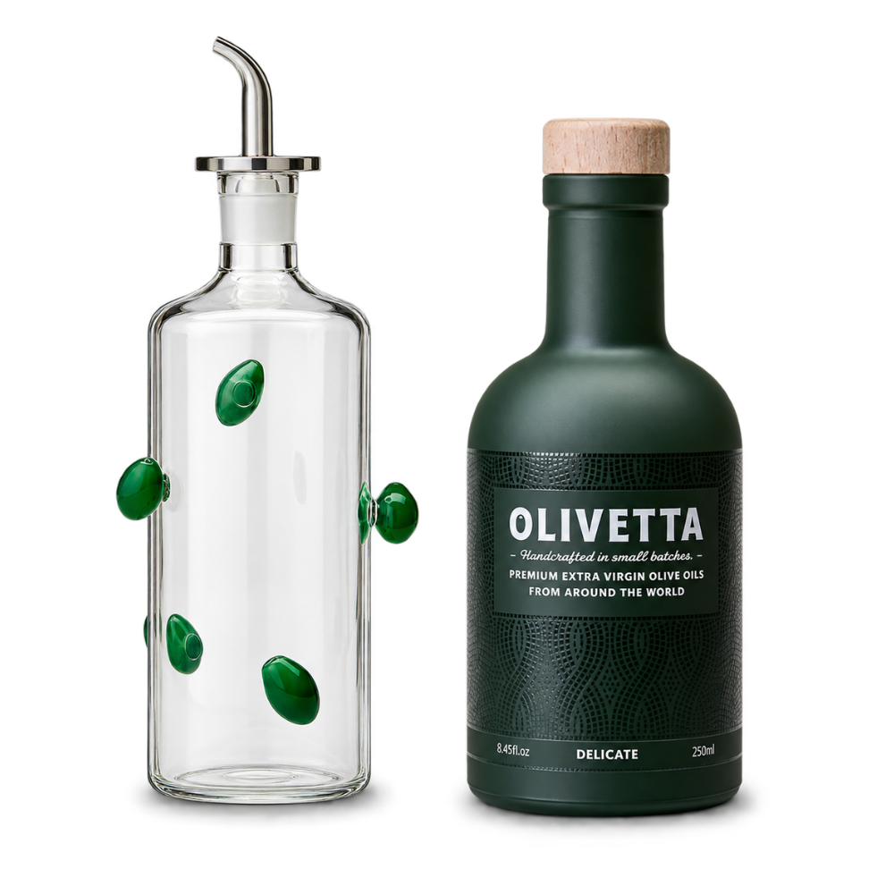 Maison Balzac 250ml Olive Oil Pourer with Olivetta Delicate Extra Virgin Olive Oil 250ml, premium olive oil gift set.