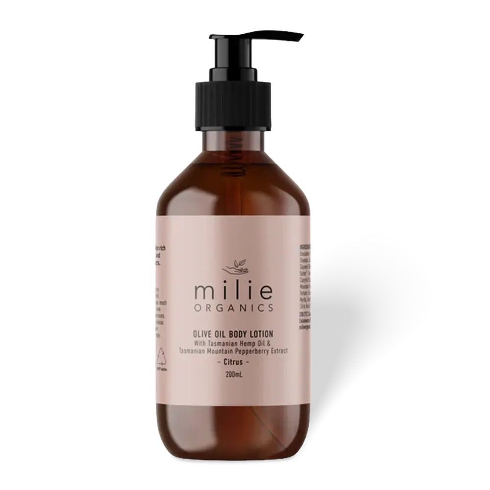 Milie Organics Citrus Olive Oil Body Lotion 200ml in an amber pump bottle with Tasmanian olive oil for deeply hydrated, nourished skin.