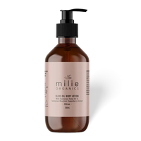 Milie Organics Citrus Olive Oil Body Lotion 200ml in an amber pump bottle with Tasmanian olive oil for deeply hydrated, nourished skin.