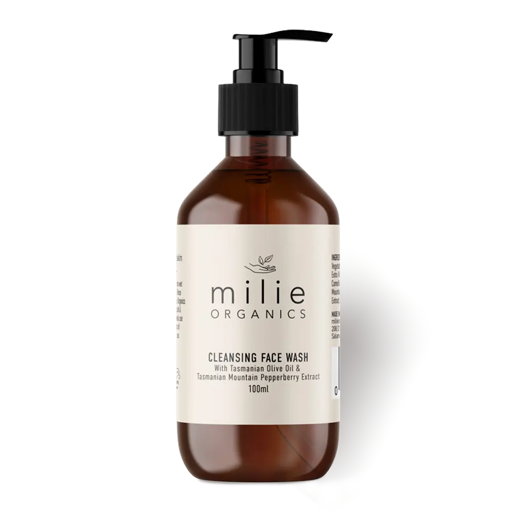 Milie Organics Cleansing Face Wash 100ml with Tasmanian olive oil and mountain pepperberry extract in an amber pump bottle.