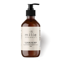 Milie Organics Cleansing Face Wash 100ml with Tasmanian olive oil and mountain pepperberry extract in an amber pump bottle.
