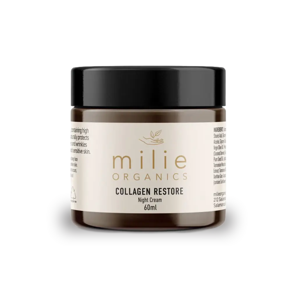 Milie Organics Collagen Restore Cream 60ml overnight moisturiser with bakuchiol, peptides and ceramides for firmer, smoother skin.