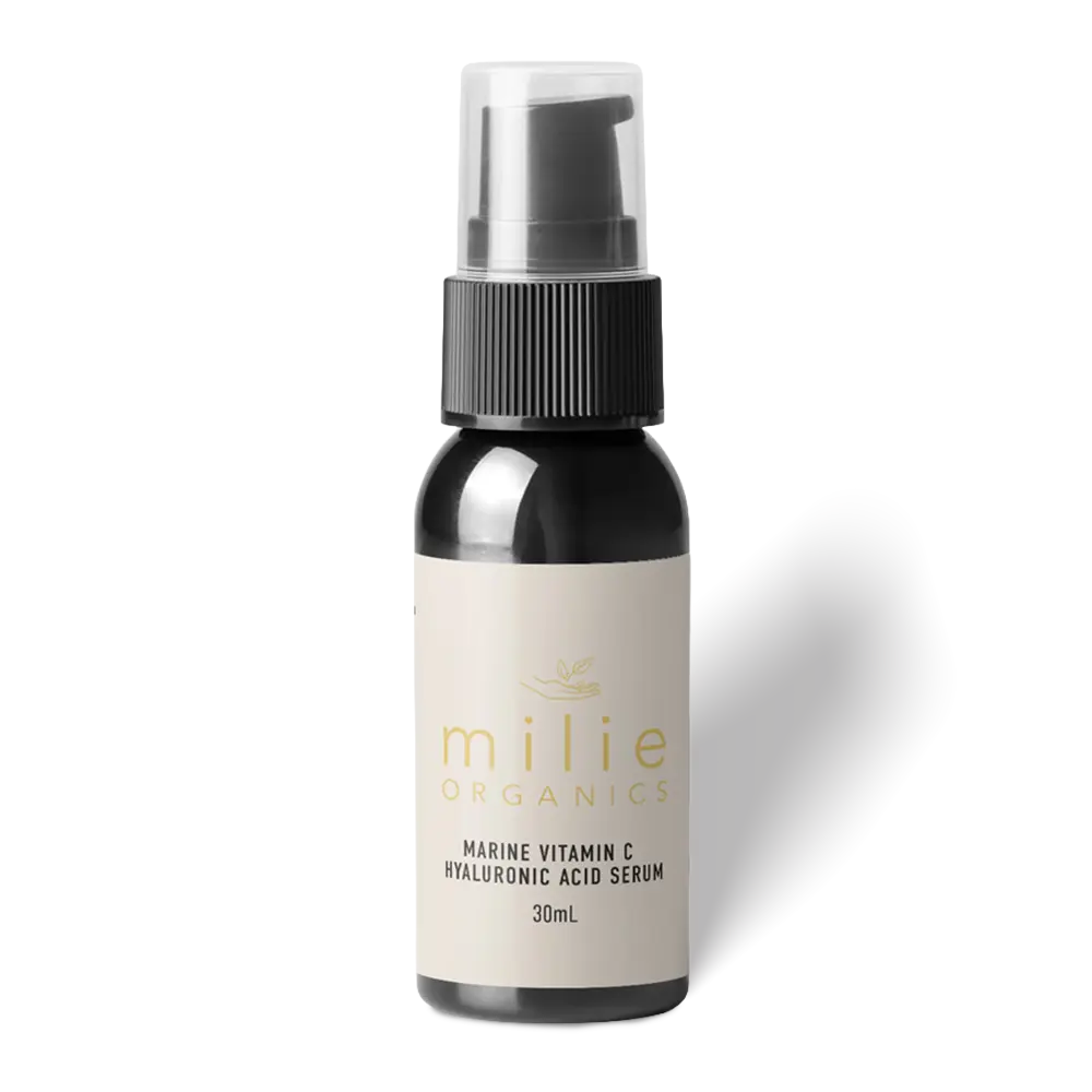 Milie Organics Marine Vitamin C Hyaluronic Acid Serum 30ml with Kakadu plum, marine hyaluronic acid and Tasmanian botanicals for hydrated, radiant skin.