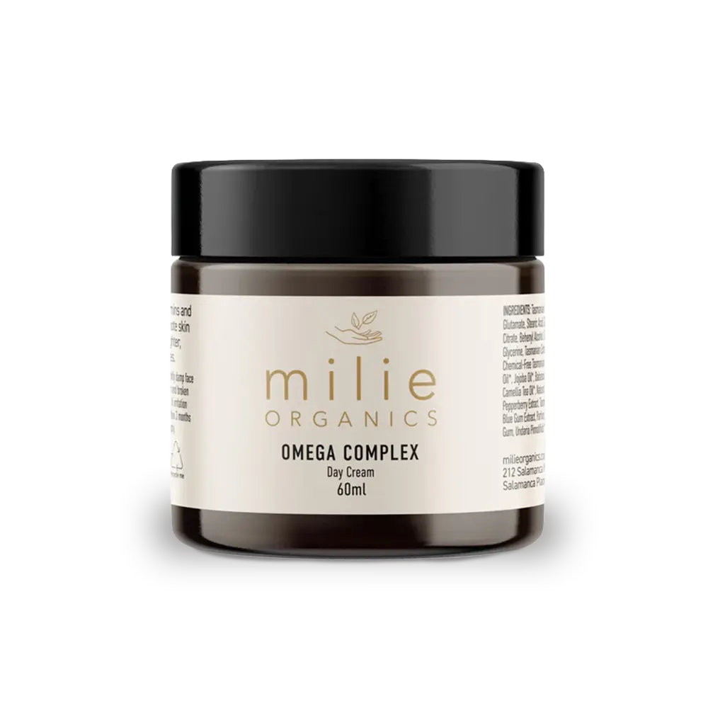 Milie Organics Omega Complex Day Cream 60ml with omega fatty acids, ceramides and Tasmanian botanicals for hydrated, radiant skin.