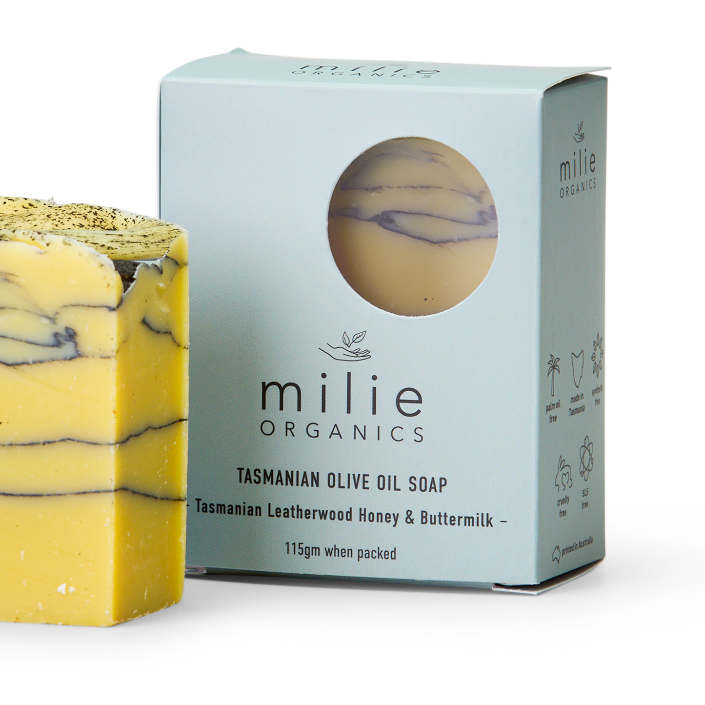 Milie Organics Tasmanian Olive Soap 115gr Tasmanian Leatherwood Honey & Buttermilk