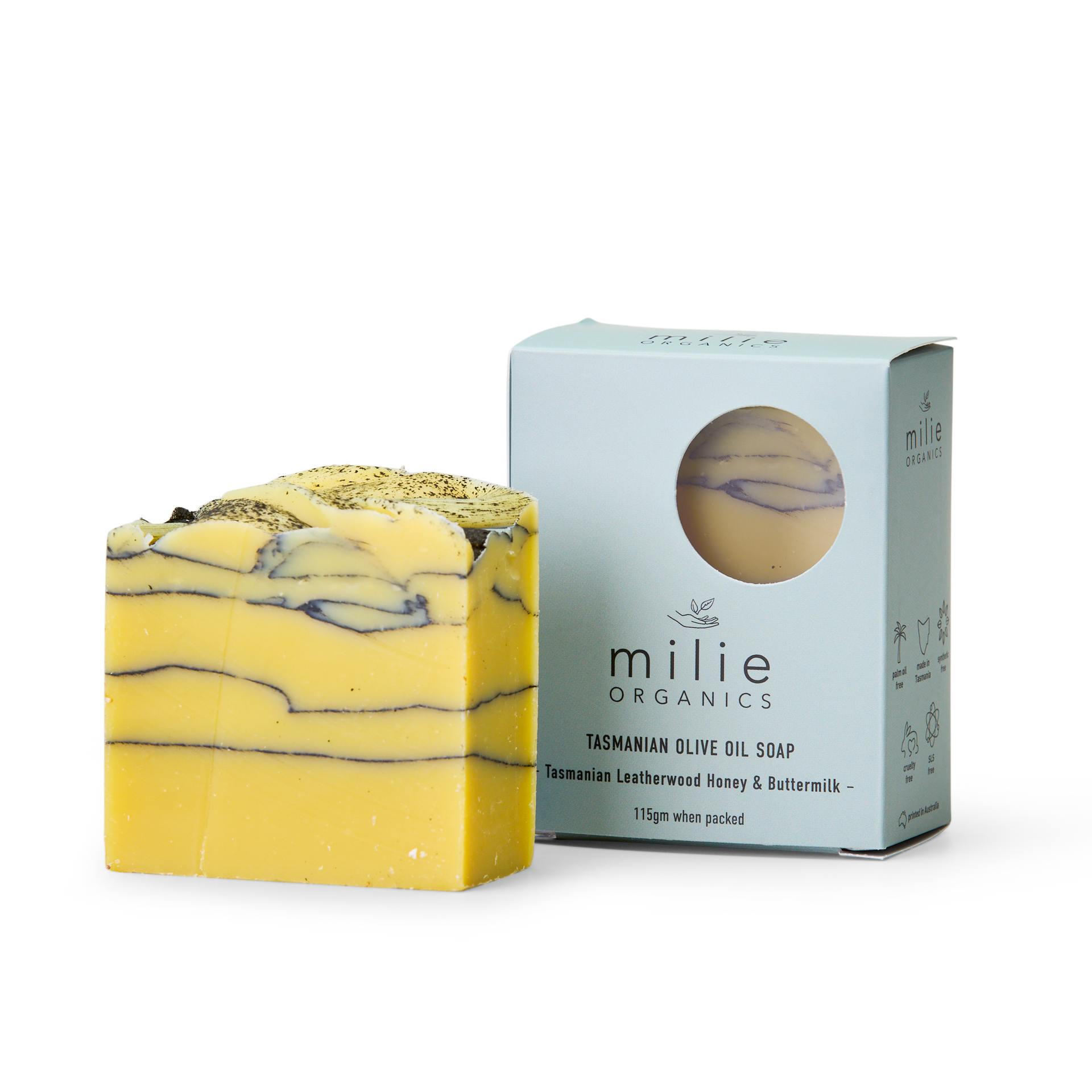 Milie Organics Tasmanian Olive Soap 115gr Tasmanian Leatherwood Honey & Buttermilk