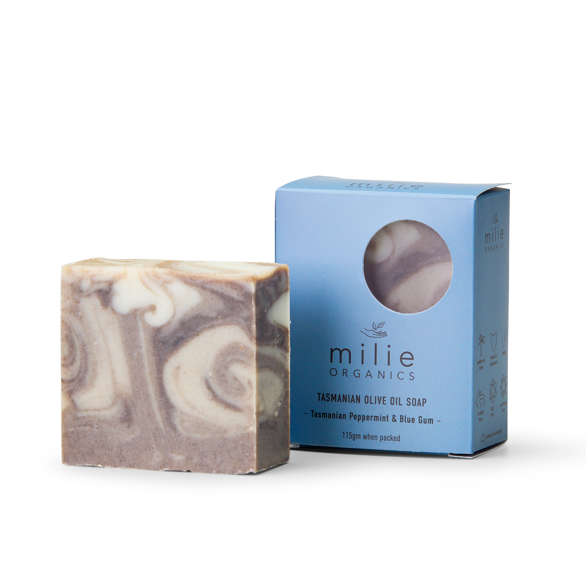 Milie Organics Tasmanian Olive Soap 115gr Tasmanian Peppermint & Blue Gum