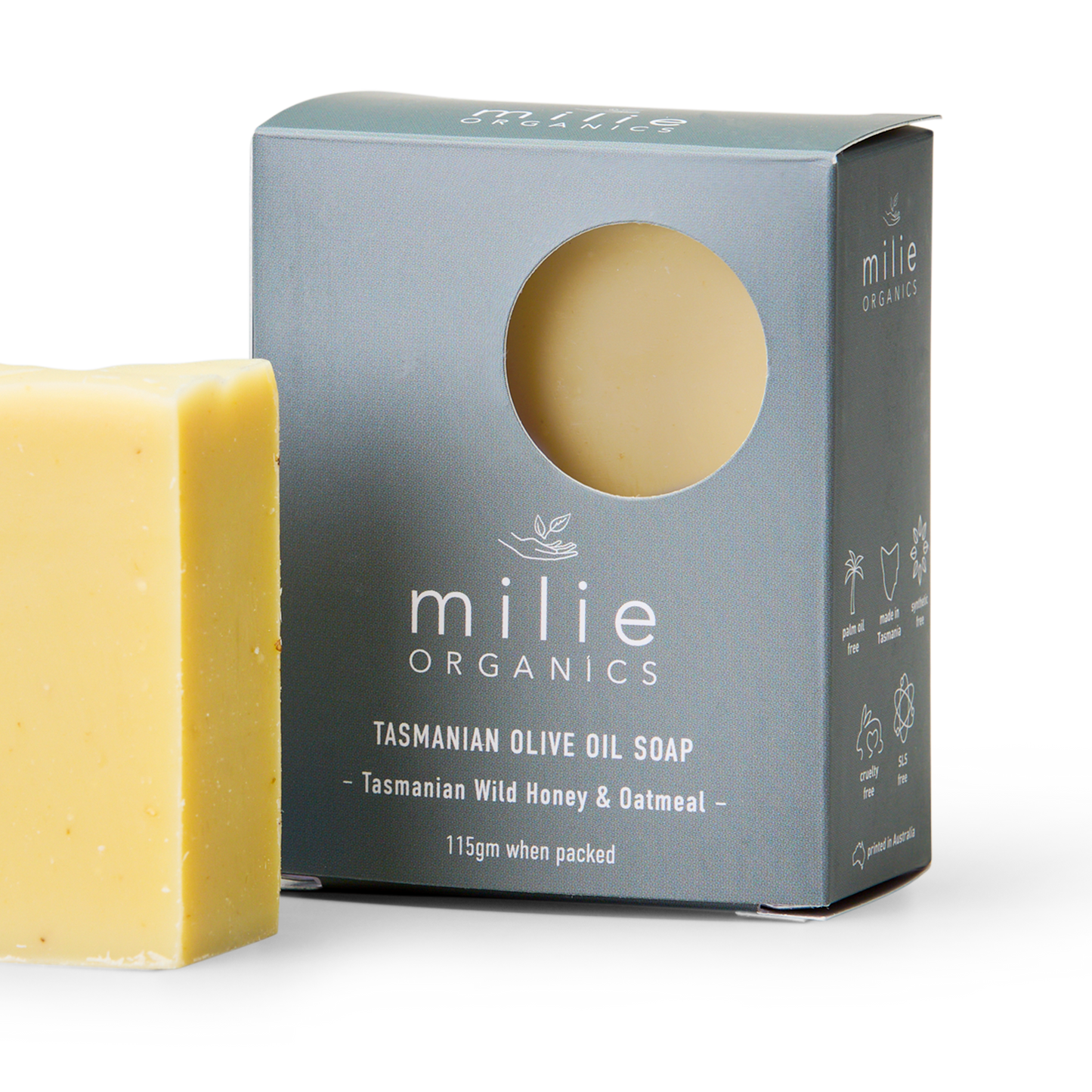 Milie Organics Tasmanian Olive Soap 115gr Tasmanian Wild Honey & Oatmeal