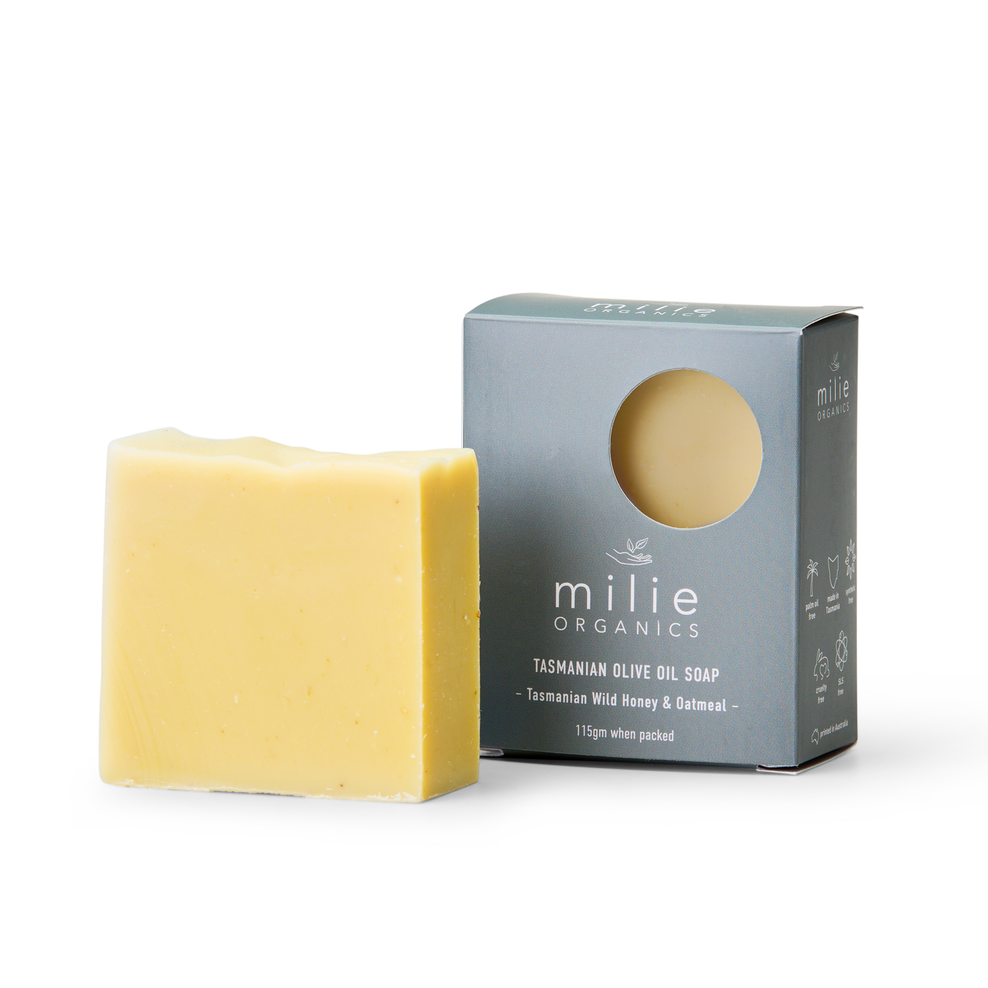 Milie Organics Tasmanian Olive Soap 115gr Tasmanian Wild Honey & Oatmeal