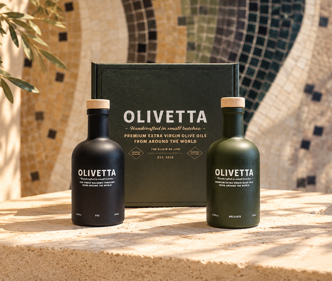 Olivetta corporate gift box with premium extra virgin olive oil and balsamic vinegar for client and corporate gifting