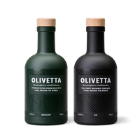 Olivetta Delicate Extra Virgin Olive Oil and Fig Black Balsamic Vinegar 250ml bottles, premium olive oil and balsamic vinegar gift set.