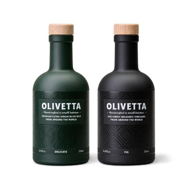 Olivetta Delicate Extra Virgin Olive Oil and Fig Black Balsamic Vinegar 250ml bottles, premium olive oil and balsamic vinegar gift set.