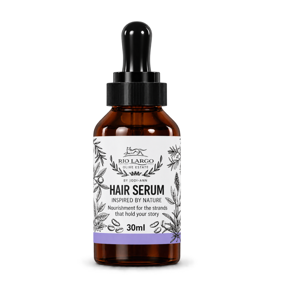 Rio Largo Olive Estate Hair Serum 30ml by Jodi-Ann, an olive oil based serum for nourishing and conditioning hair, presented in an amber glass dropper bottle.