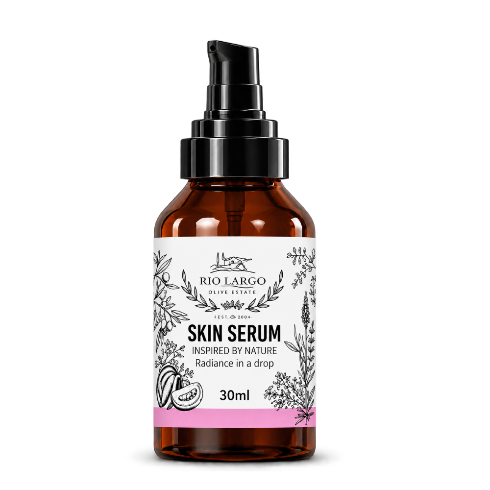 Rio Largo Olive Estate Skin Serum 30ml, an olive oil based facial serum for radiance and nourishment, presented in an amber glass bottle with a black pump dispenser.