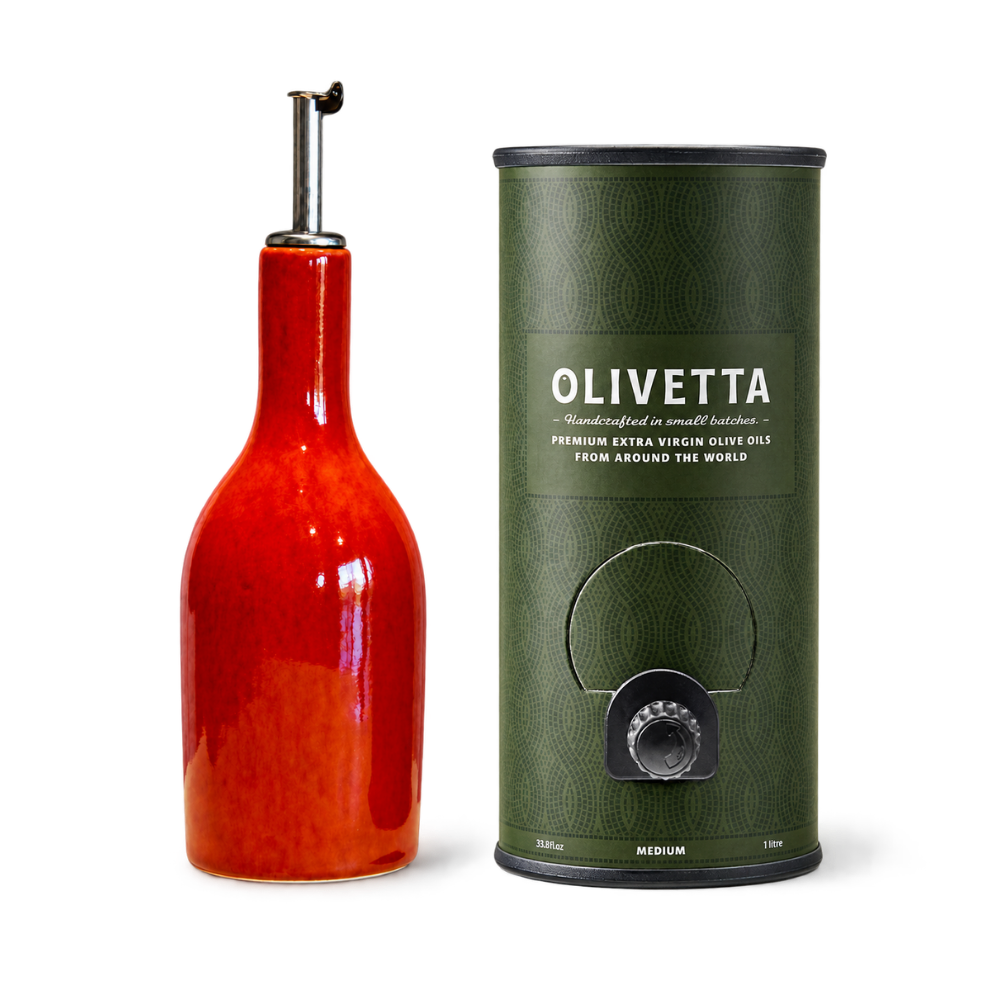 The Atelier by Olivetta with 1L Medium Extra Virgin Olive Oil and Jars Céramistes Tourron ceramic cruet, a premium olive oil gift set.