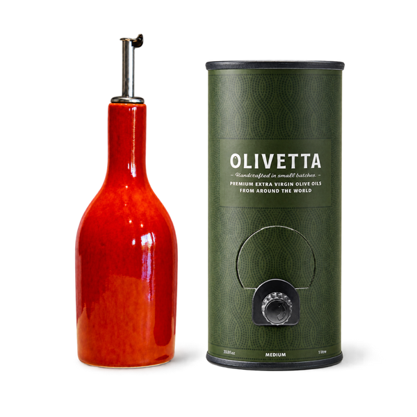 The Atelier by Olivetta with 1L Medium Extra Virgin Olive Oil and Jars Céramistes Tourron ceramic cruet, a premium olive oil gift set.