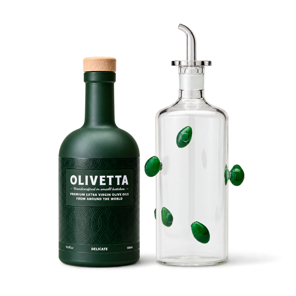 The Everyday Pourer Set 500ml with Maison Balzac olive oil pourer and Olivetta Delicate Extra Virgin Olive Oil 500ml gift set
