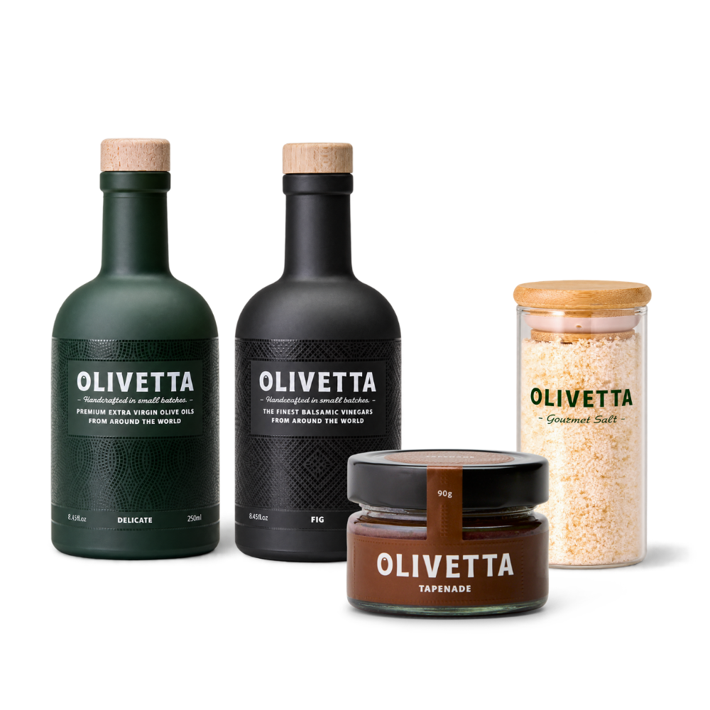 The Gathering by Olivetta with Extra Virgin Olive Oil, Fig Balsamic Vinegar, Gourmet Salt and Tapenade, premium Australian gourmet gift set.