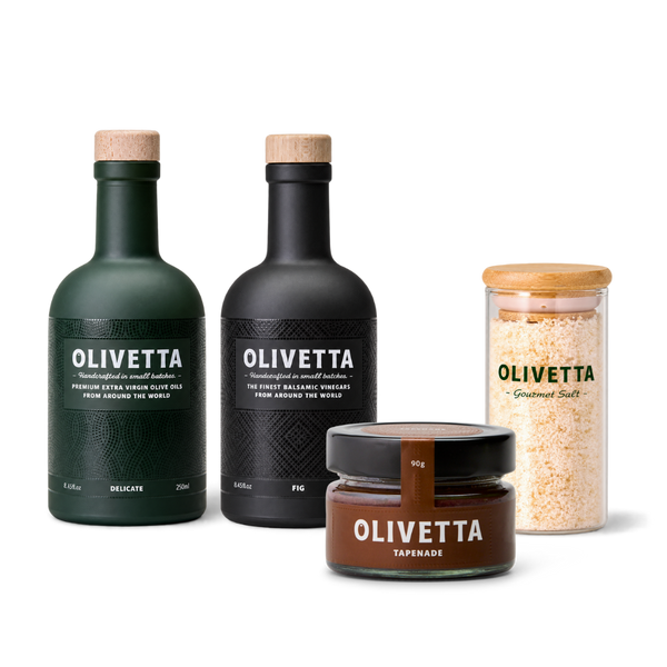 The Gathering by Olivetta with Extra Virgin Olive Oil, Fig Balsamic Vinegar, Gourmet Salt and Tapenade, premium Australian gourmet gift set.